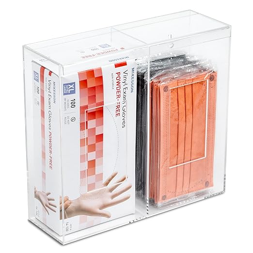Double Hygiene Holder - 2 Compartment Acrylic Dispenser With Lid for Hairnets, Glove Boxes, Face Masks, Plastic Bags, Tissue Boxes in Home or Medical Setting - Counter or Wall Mount (Double)