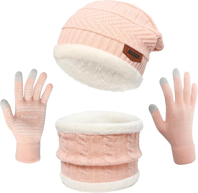 MAYLISACC Winter Knit Beanie Hat Neck Warmer Scarf and Touch Screen Gloves Set 3 Pcs Fleece Lined Skull Cap for Men Women