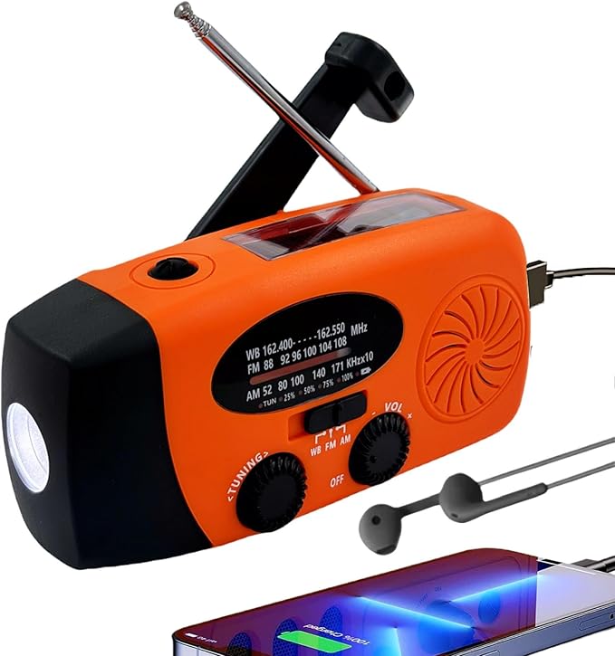 Solar Emergency Hand Crank Weather Radio, Portable Self Powered NOAA AM/FM Radios with SOS Alarm LED Flashlight 5000mAh Smart Phone USB Charger for Camping (Orange)