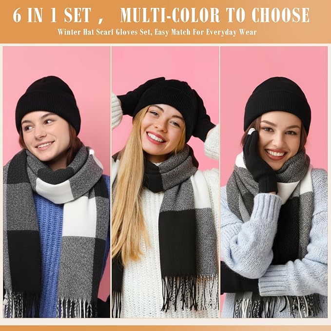Geyoga 6 Pcs Winter Hat Scarf Gloves Set Knitted Touchscreen Gloves Plaid Scarf Earmuffs Socks Gift for Women Men