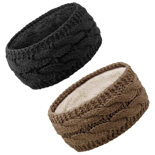 AQOKKA Knit Winter Headbands for Women Fuzzy Wool Fleece Lined Ear Warmers Elastic Turban Crocheted Head Wrap Winter Accessories for Women Cold Weather