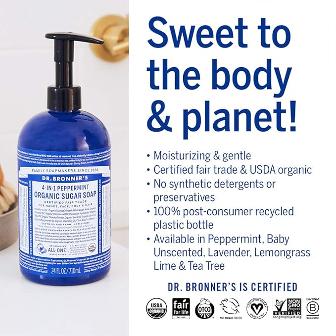 Dr. Bronner's - Organic Sugar Soap (Peppermint, 24 Ounce) - Made with Organic Oils, Sugar & Shikakai Powder, 4-in-1 Uses: Hands, Body, Face & Hair, Cleanses, Moisturizes & Nourishes, Vegan