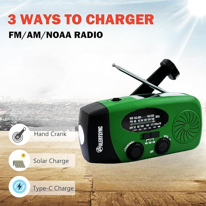 Solar Emergency Hand Crank Weather Radio, Portable Self Powered NOAA AM/FM Radios with SOS Alarm LED Flashlight 5000mAh Smart Phone USB Charger for Camping (Green)