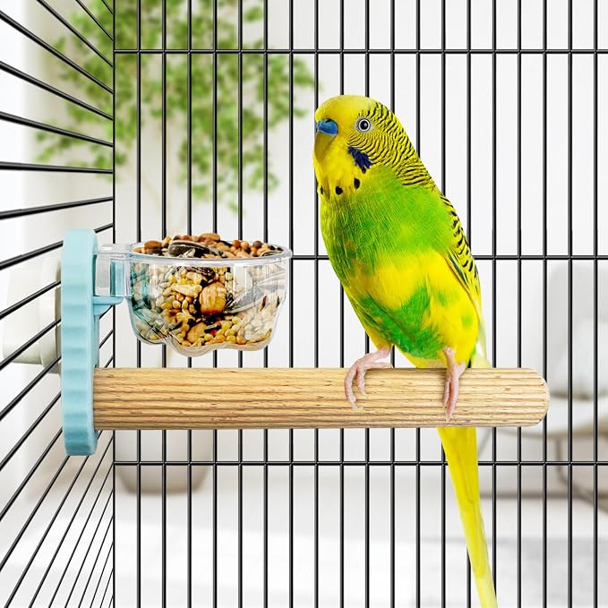 Kathson 3Pcs Bird Perch Feeding Cup Natural Wood Perches with Removable Bird Feeder for Cage Parrot Stand for Parakeets, Budgies, Cockatiels,Parrots, Birds Chewing Stick (Blue)