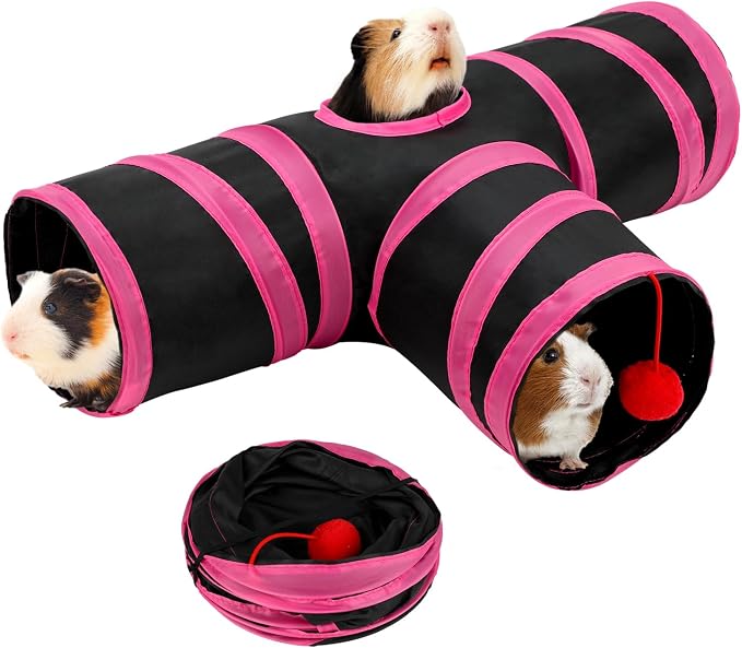 Rypet Guinea Pig Tunnel Hideout 3-Way Collapsible Pet Tubes, Red Black | 3 Way Design for Exploration, Collapsible for Easy Storage, Built-in Play Ball, Hiding & Resting for Hamsters Ferrets