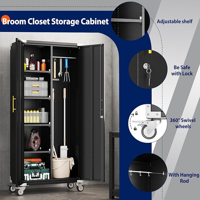 71" Broom Storage Cabinet, Cleaning Tool Storage Cabinet, Garage Utility Storage with Hooks and Hanging Rods, Heavy Duty Garden Tool Organizer, for Home, Garage, Laundry Room, Gym, Workshop.