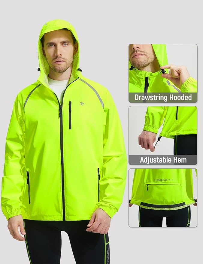 baleaf Men's Rain Jacket Waterproof Windbreaker Raincoat Running Cycling Hiking Gear Hood Lightweight Reflective Packable