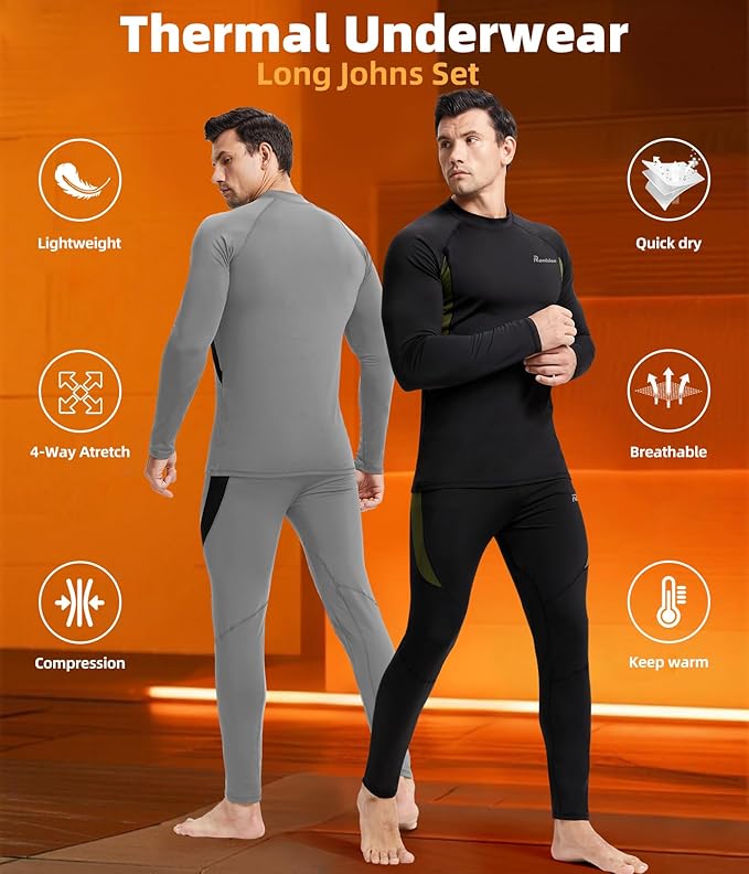 romision 2 Pack Thermal Underwear for Men Long Johns Fleece Lined Hunting Gear Bottom Top Set Base Layer Cold Weather XS-4XL