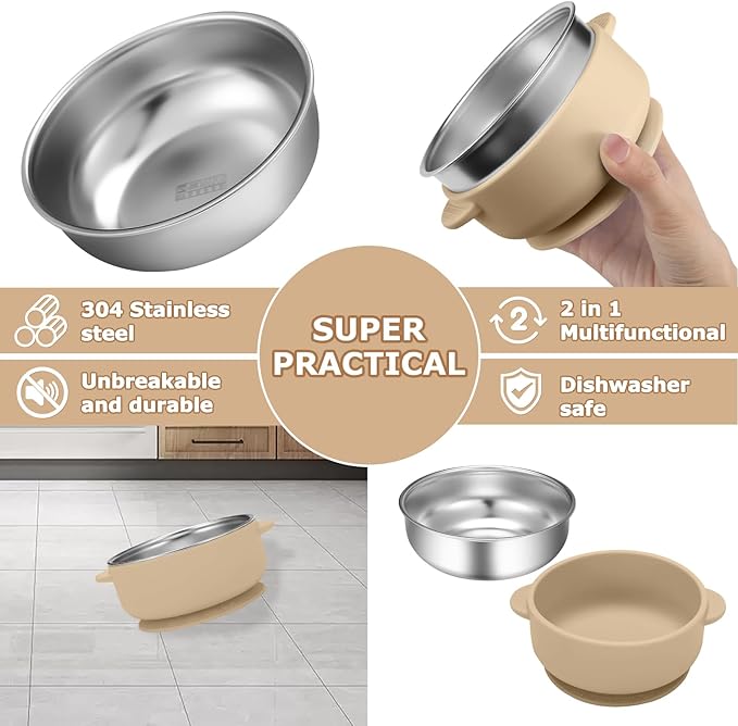 2 Pack Stainless Steel Baby Bowls with Removable Non-Slip Silicone Suction Shell and Lids, Anti Scald Food Container for Baby Food Feeding-Gray & Cream
