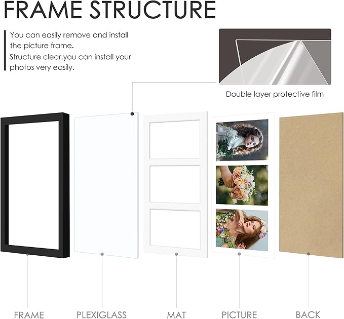 8x16 Collage Picture Frame, 5x7 Collage Picture Frame Displays Three 5x7 inch Photos, or 8x16 (Without Mat) for Available Horizontal Wall Mounting Display and Vertical, Black.