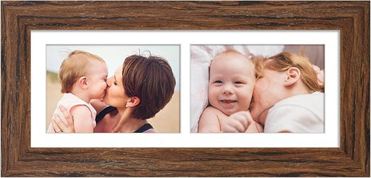 6x15 Picture Frame Display 2 opening 5X7 Double Picture Frame Collage,Multi Photo Frame with Mat,Plexiglass,Horizontal and Vertical Formats for Wall Décor,Carbonized Brown Wood Grain
