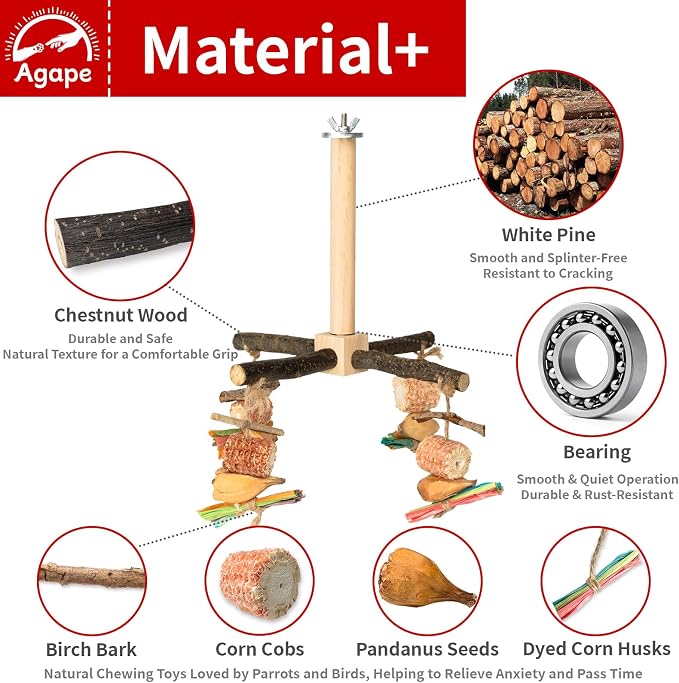 Agape Rotating Parrot Perch with Chew Toy, Wooden Stand for Small Birds | Natural Bird Cage Accessory for Parakeets, Cockatiels, Lovebirds, Conures, Budgies, Helps Reduce Boredom & Encourage Exercise
