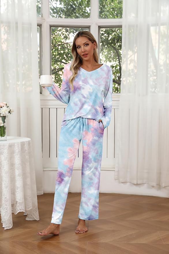 Ekouaer Womens 2 Pack Pajama Set Long Sleeve Pajamas Top and Pants V Neck Pjs Set Soft Loungewear with Pockets