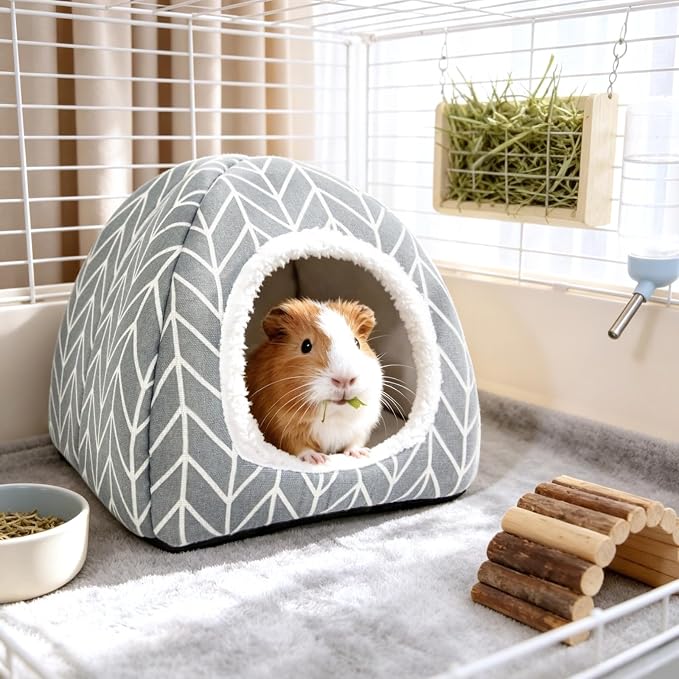 2 Pack Guinea Pig Hideout Bed, Dwarf Rabbit House Cave | Cozy Hide-Out Cage Accessories for Little Bunny, Hedgehog, Ferret, Chinchilla & Other Small Animals, Grey