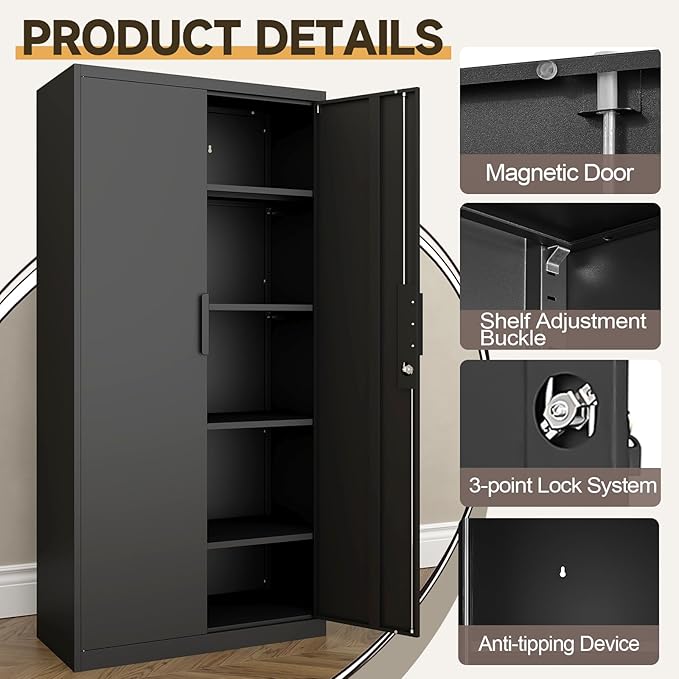 GREATMEET Metal Garage Storage Cabinets, 72" Tall Locking Cabinets with Doors and Shelves, Utility Cabinet with Lock for Garage, Home, Black