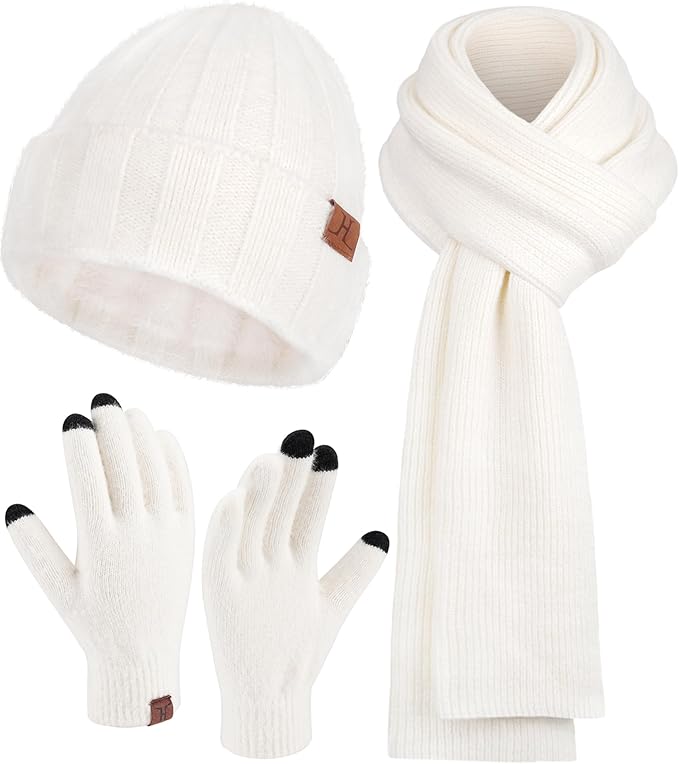 Womens Winter Warm Knit Beanie Hat Touchscreen Gloves Long Neck Scarf Set with Fleece Lined Skull Caps Gifts for Women