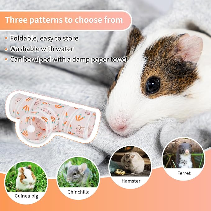 Rypet Guinea Pig Tunnel Hideout 3-Way Collapsible Pet Tubes, Carrot White | 3 Way Design for Exploration, Collapsible for Easy Storage, Built-in Play Ball, Hiding & Resting for Hamsters Ferrets