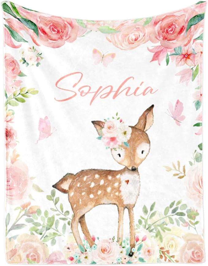 Personalized Deer Baby Blanket for Girl, Custom Name Blanket for Newborn Girl, Soft Flannel Toddler Blanket Customized Gift for Birthday Christmas Baby Shower 60" X 80"