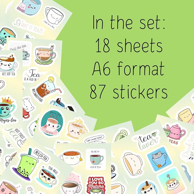 Cute Tea Cup Stickers, Tea Stickers for Water Bottle and Laptop - Tea Cup Party Supplies & Decorations, Waterproof Vinyl Drink Decals, Gifts for Women & Men