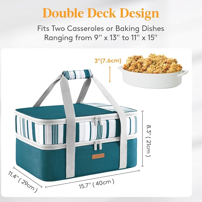 LUNCIA Insulated Double Decker Casserole Carrier, Lasagna Lugger Tote Keeps Food Hot or Cold, Thermal Lunch Bag for Potluck Parties, Picnic and Cookouts, Fits 9" x 13" Baking Dish, Green