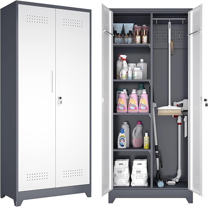 GREATMEET Metal Garage Storage Cabinet, 73" H Broom Closet Storage Cabinet, Locking Utility Cabinet with Doors and Shelves for Garage, Home, Grey White