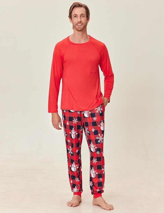 Ekouaer Family Matching Pajamas Christmas Sleepwear Long Sleeve Sleep Shirt with Plaid Pants Soft Loungewear Pjs Set S-XXL