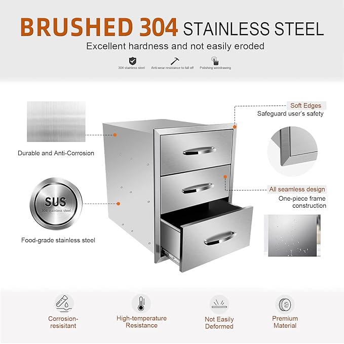 Outdoor Kitchen Drawers Stainless Steel 18W X 23H X 23D Inch, Flush Mount Triple BBQ Island Drawers with Handle for Outdoor Kitchens, Patio or Grill Station