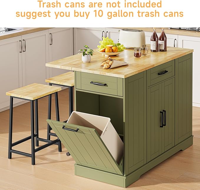 ONBRILL Stationary Kitchen Islands Include 2 Chairs, 47" Kitchen Island with Drop Leaf, Home Bar Table with Spice Rack & with Trash Cabinet, Island Table for Dining Room with Power Outlet, Green