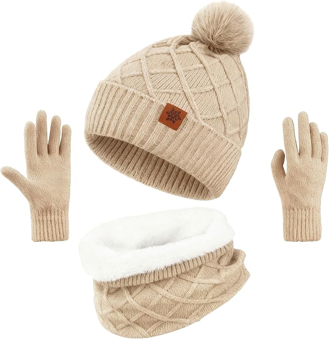 YARIEW Winter Hat Neck Warmer and Gloves Set for Women, Warm Knitted Beanie with Pom Pom, Soft Ear Warmer Scarf, Warm Gloves
