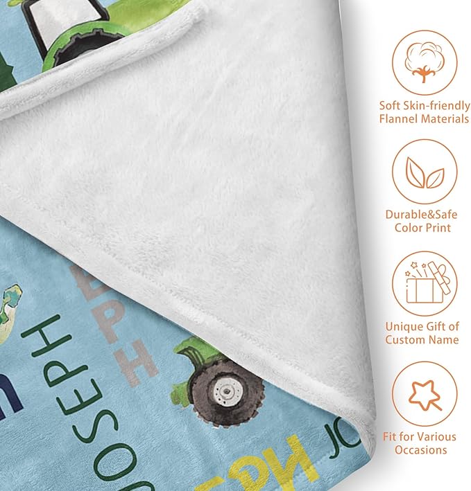Personalized Tractors Blanket - Custom Name with Farm Tractor Trucks Design - Soft Plush Flannel Bed Blanket for Baby Kid Teen Boys Girls Customized Gifts Light Blue & Green