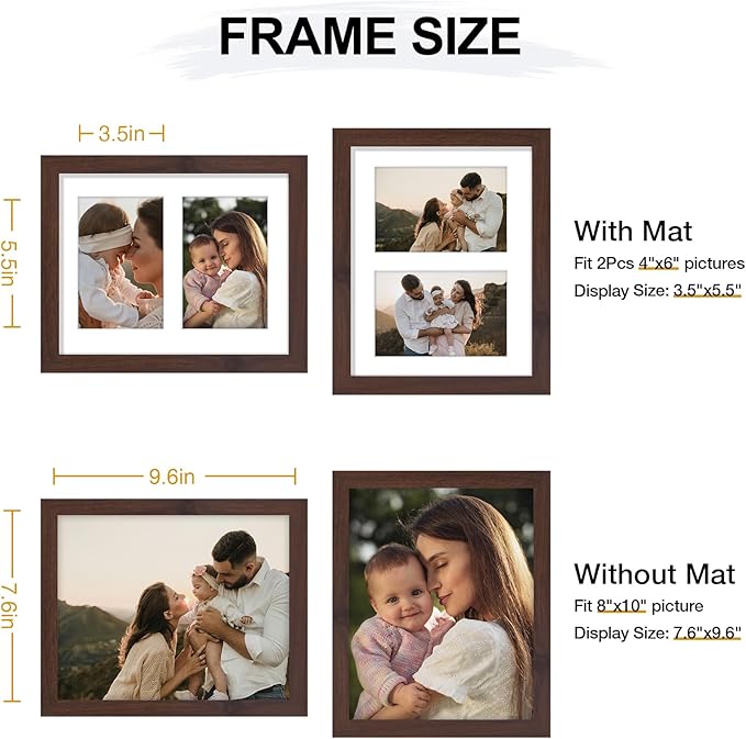 Vittanly 8x10 Collage Picture Frame, Displays 2Pcs 4x6 Pictures with Mat or 1Pcs 8x10 without Mat, Photo Frame for Wall Mounting or Table Top with Stand, Brown, 1 Pack