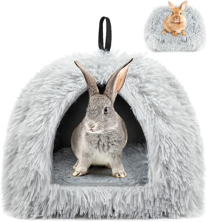 YUEPET Bunny Hideout, Cozy Rabbit Bed House for Small Pets, Grey | Long Plush Guinea Pig Cave Bed, Removable Washable Pad, Non-Slip Base, Warm Rabbit Hideaway for Guinea Pig Ferret