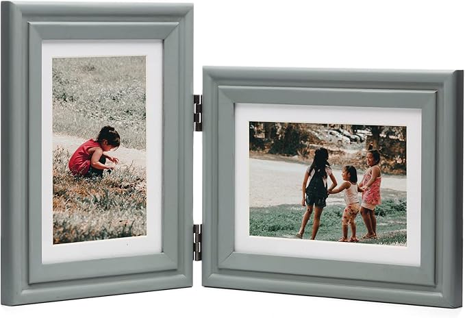 Vertical & Horizontal 5X7 Picture Frames Double Hinged Wood Folding Photo Frames with Real Glass Front Fit for Desktop or Tabletop Display Pictures 4x6 with Mat or 5x7 Without Mat, Gray