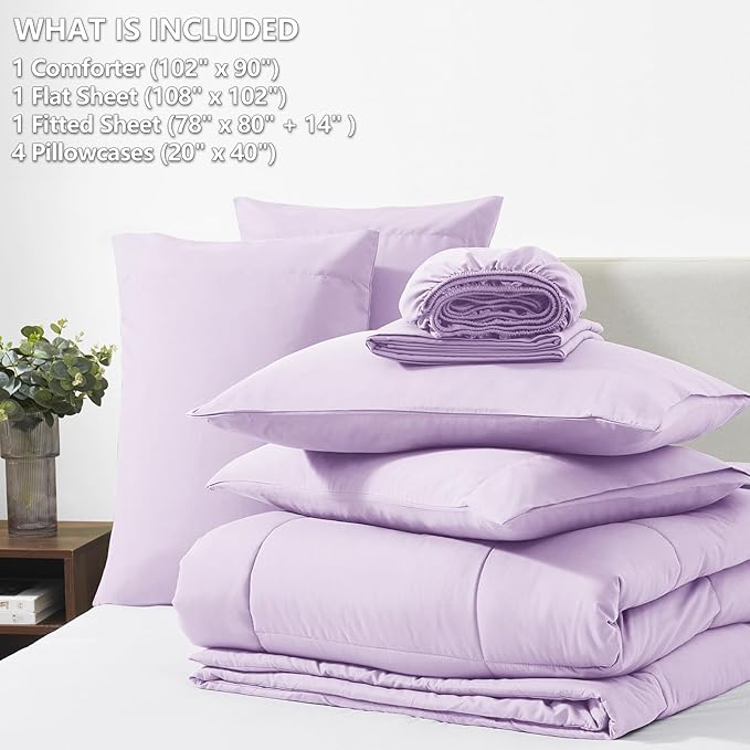 CozyLux King Size Comforter Set Lavender, 7 Pieces Bed in a Bag, Light Purple Comforter King Size, All Season Bedding Sets with Stitch Quilted Comforter, Flat Sheet, Fitted Sheet, Pillowcases
