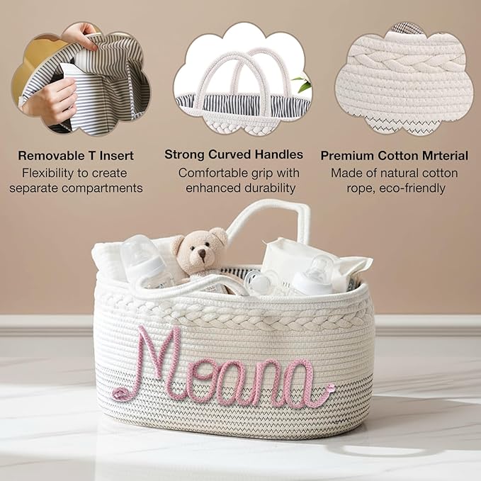 ubmpj Personalized Diaper Caddy Organizer - Custom Name Nursery Basket - Cotton Rope Storage for Baby Essentials - Baby Shower Basket for Boys & Girls