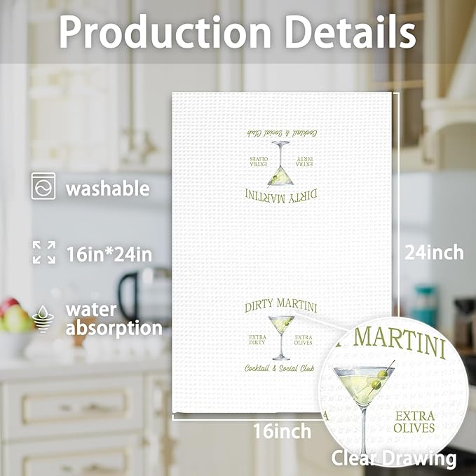Martini Decor Kitchen Towels, Gifts for Martini Lovers Hand Towels, Dirty Martini Dish Towels Tea Towels for Kitchen Home Bar Decorative, Dirty Martini Gift Bar Cart Decor, 16x24In