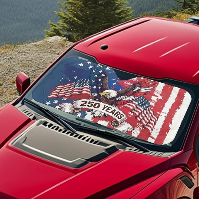 250 Years Windshield Sun Shade for Front Window American Flag Eagle Foldable Universal Auto Sun Shade UV Rays & Heat Protection Sun Visor Protector Accessories for Cars Truck SUV