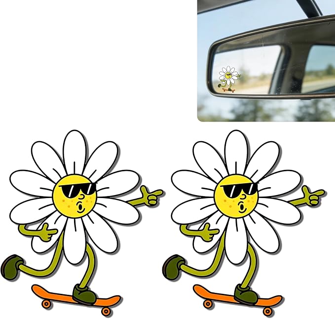2Pack Daisy Car Vinyl Sticker and Decal for Rear View Mirror Window | Cute Daisy Mirror Sticker Waterproof,Car Accessories Decor,Flower Gifts for Women Men,Laptop Bathroom Mirror