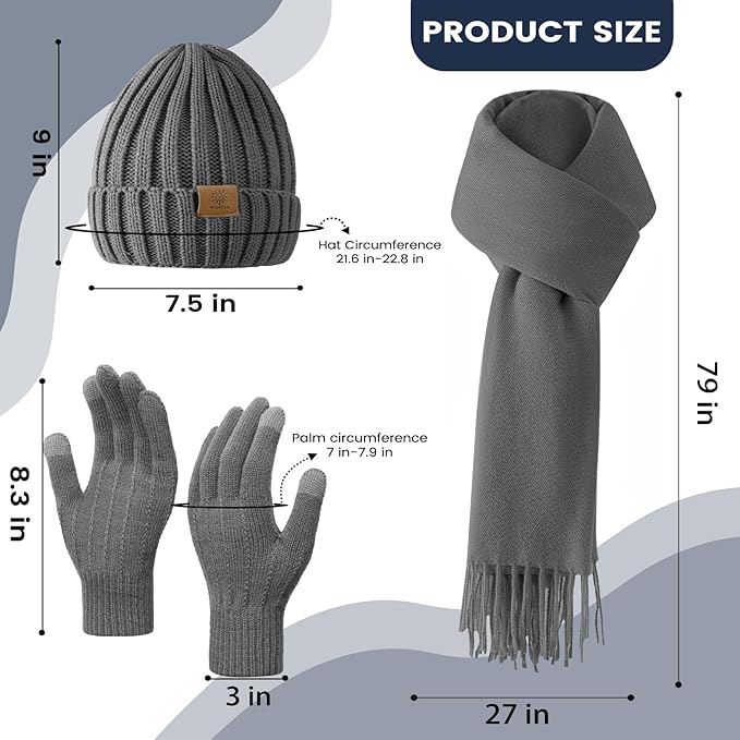 Women Winter Hat Beanie+Long Scarf+Touch Screen Gloves Set, Warm Clothes Set with Knit Fleece Lined for Women/Men Winter