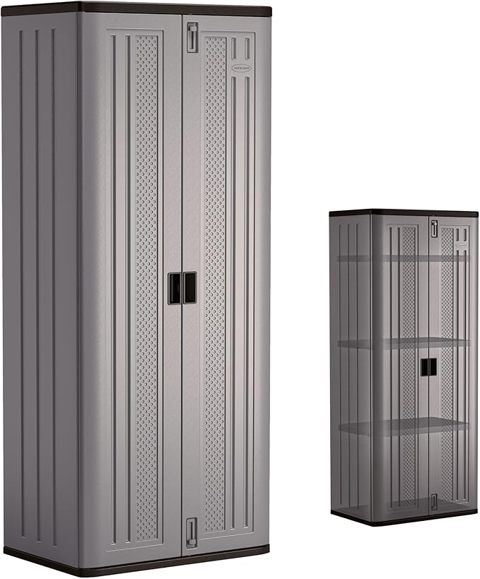 Suncast Tall Storage Cabinet, Platinum Resin Garage Storage Cabinet with Doors & Shelves, Plastic, Lockable, Freestanding Utility Closet for Tools & Supplies, Made in USA