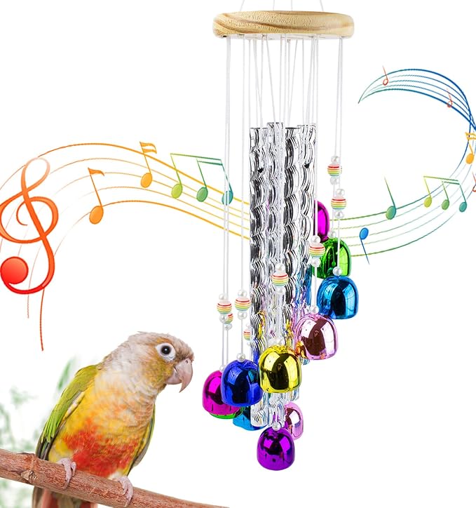 FlidRunest Bird Toys, Conure Wind Chimes Chewing Toy with Colorful Stick, Parakeet Toys 4 Aluminum Tubes 11 Bells, Parrot Cage Windchime Hanging Bells Toys for Conure, Parakeet, Cockatiel