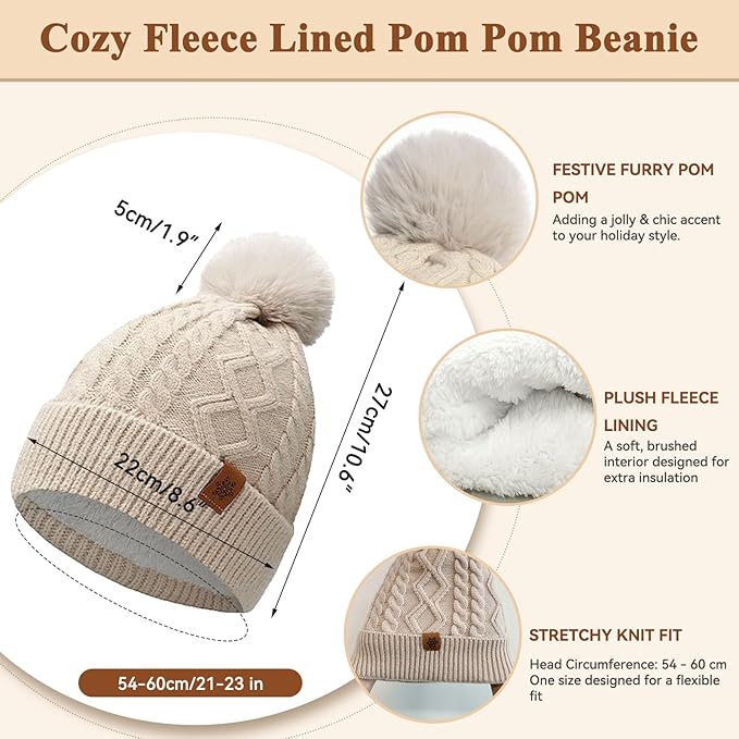 QUIRAI Winter Hat Gloves Scarf Set Women, Fleece Lined Beanie with Pom, Scarf Neck Warmer Touchscreen Gloves 3 in 1 Gift Set