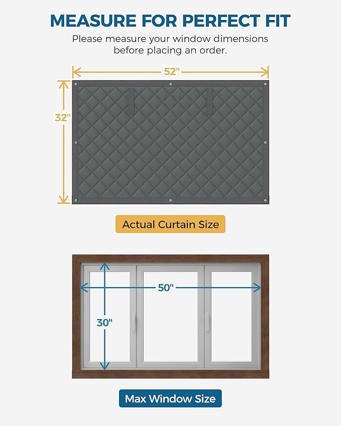 Thermal Insulated Window Cover, Curtain Size 52 x 32 Inch, Quilted Oxford Cloth Thick Cotton Filled, Fits up to 50''×30'' Windows, Ideal for Keeping Warm in Winter, Grey