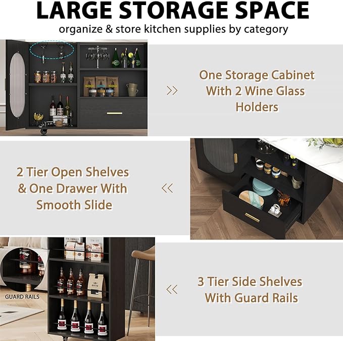 HSH Kitchen Island with Storage, Mobile Kitchen Island Cart with Cabinet, Drawer & Shelves, Farmhouse Island Table on Wheels with White Faux Marble Top and Black Oak Base for Dining Room & Home Bar