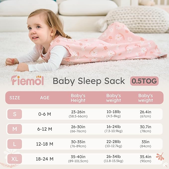 Baby Sleep Sack 6-12 months, 100% Cotton Sleeping Sack for Newborn and Infant, 3 Pack Baby Wearable Blanket for Boy and Girl, 0.5 Tog Lightweight Double Zipper Sleep Bag Pink Orange Flower