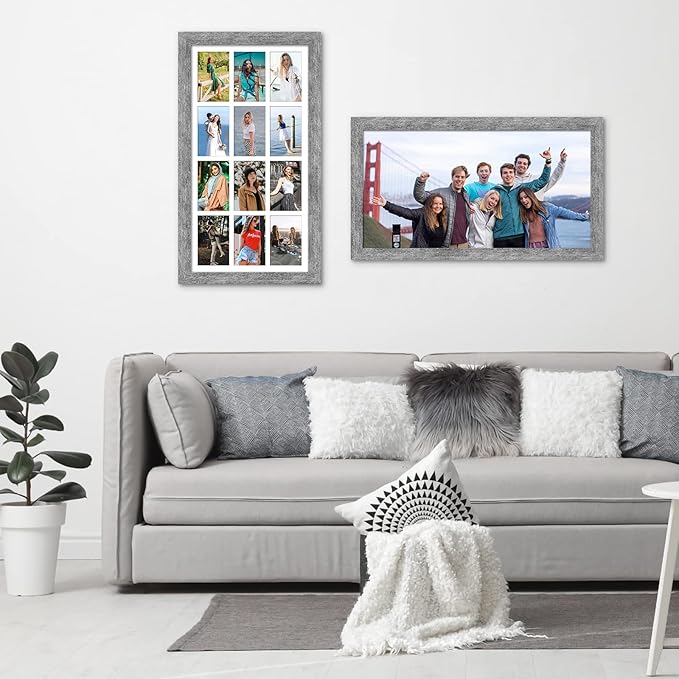 13x25 Picture Frame Display 12 opening 4X6 Picture Frame Collage,Multi Photo Frame with Mat,Plexiglass,Wall Mount Decor,Grey Wood Grain