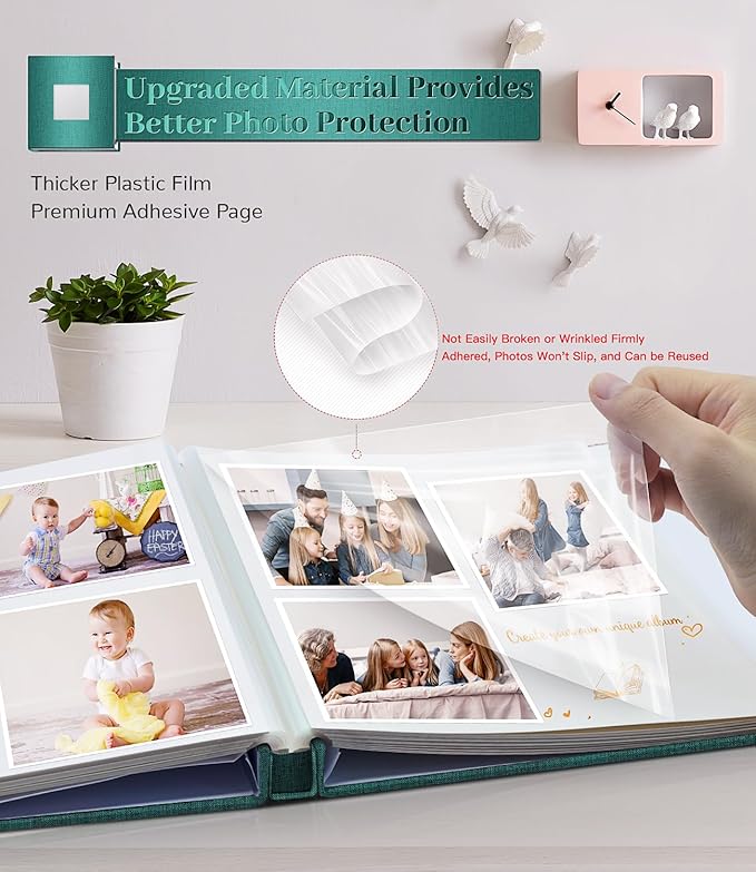 Photo Album Self Adhesive Scrapbook Album for 3x5 4x6 5x7 8x10 Pictures, 60 Pages Linen Cover with Display Window DIY Photo Book,Ideal Gifts for Family Travel Wedding Baby