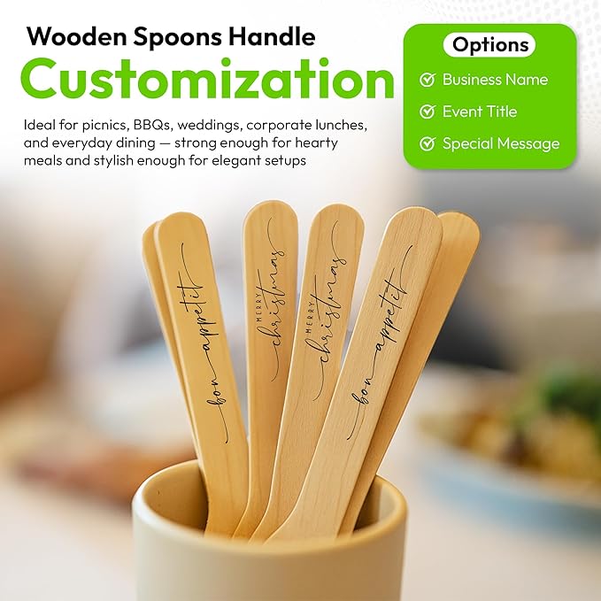 Custom Disposable Wooden Spoons 6.25" – Personalized Biodegradable Spoon for Events, Parties & Catering | Eco-Friendly Custom Name Spoons | Customizable Wooden Cutlery for Weddings & Special Occasions