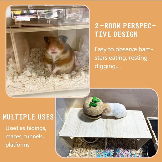 Hamiledyi Wooden Hamsters 2-Chamber Hideout-Tunnel Multi Chamber Exploring Toy Rat 14 x 6.3 x 5.5 Exploring Tunnel Toy for Mice Guinea Pig Squirrel Sugar Glider