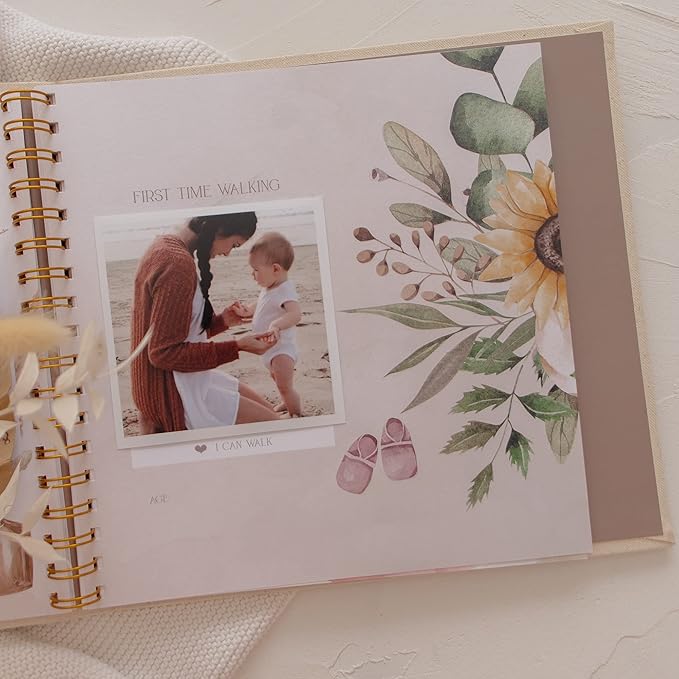 Peachly Unisex Baby Memory Book, Minimalist Baby First Year Keepsake for Milestones, Simple Baby Scrapbook for Boy Girl Milestones, Natural Linen (Haven)